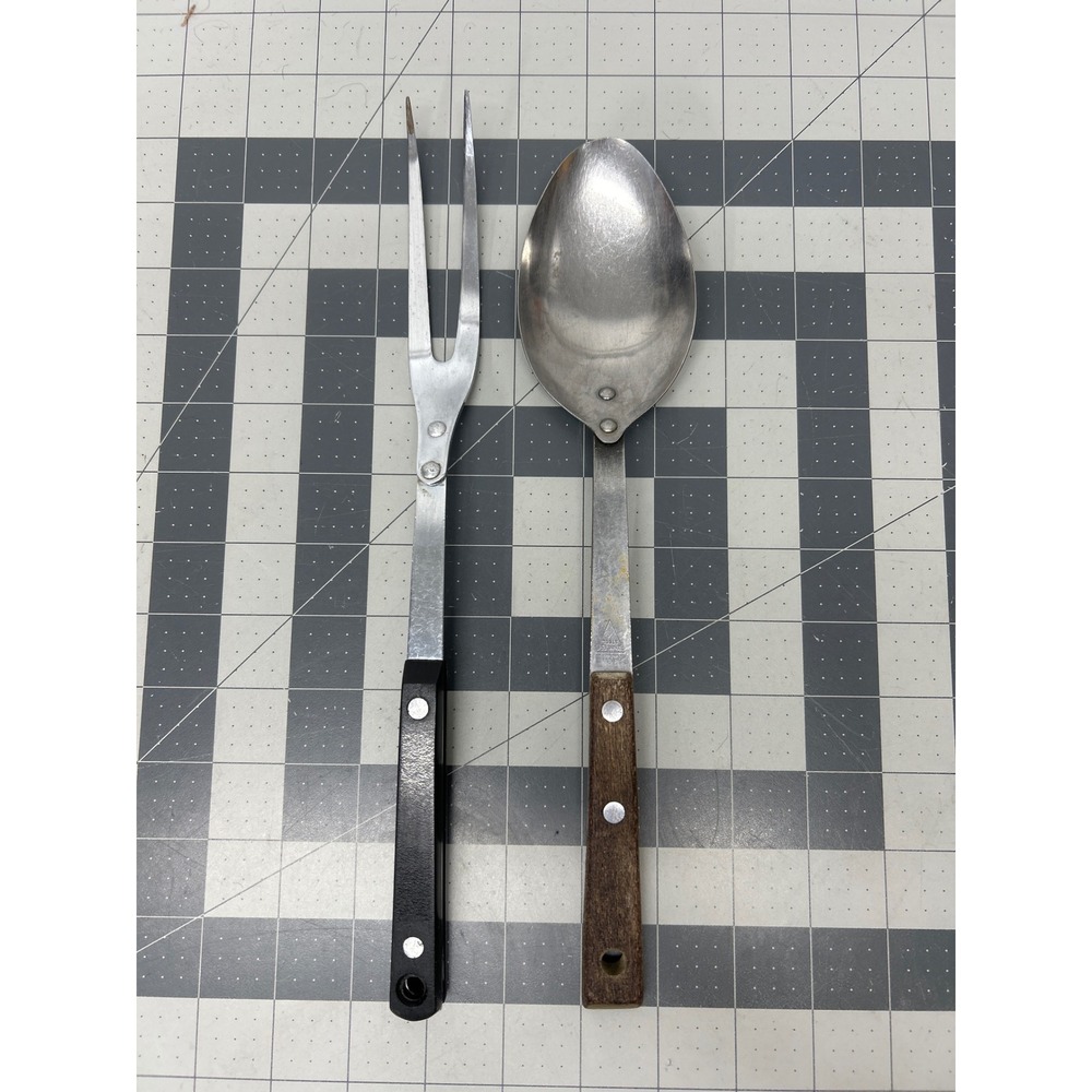 Vintage Serving Utensils Spoon Fork Stainless Steel Riveted Japan Set 2pc